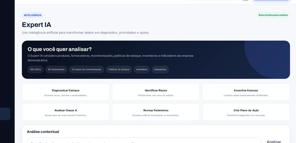 Tela demonstrativa do Expert IA, com opções de diagnóstico, identificação de riscos e criação de plano de ação